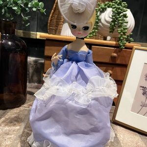 Vintage Big Eyed  Doll with Lavender and White Dress